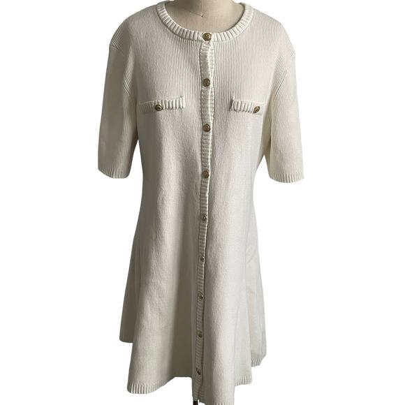 H&M Viral Old Money Rib Knit Fitted Button Mini Dress Off White Cotton - Picture 2 of 9
